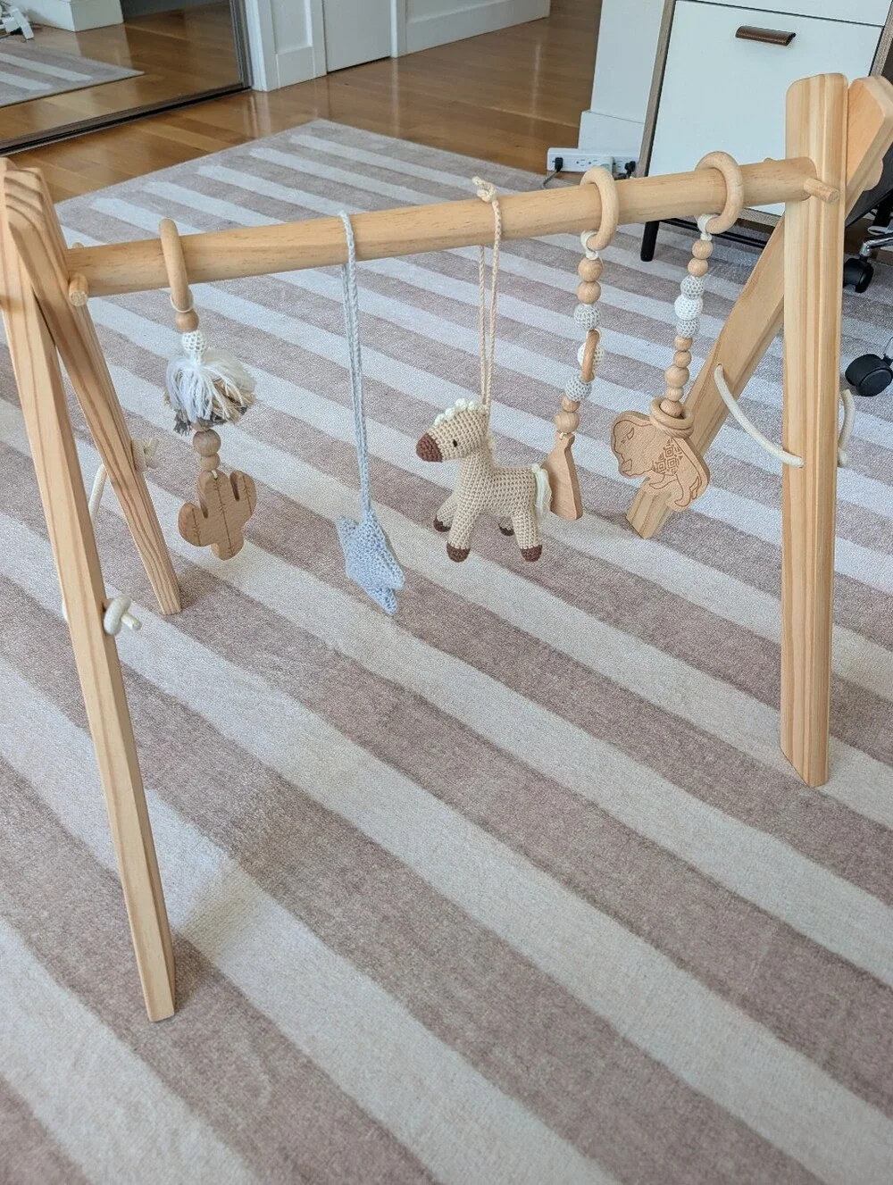 Natural Wood Baby Gym with Crochet Toys